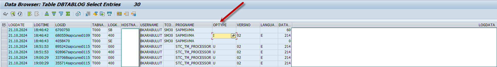 DBTABLOG Structure